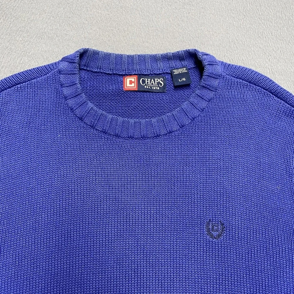 Chaps‎ Sweater Mens Large Blue Crew Neck Tight-Knit Cotton Pullover Classic Logo